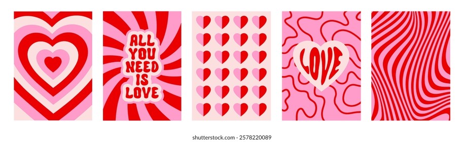 Creative groovy romantic set vertical backgrounds in style retro. Happy Valentines day greeting card. Vector illustration. Pink, beige and red colors