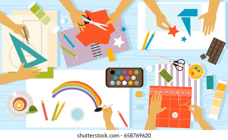 Creative group of children, top view. Drawing, sewing, carving Kindergarten and education