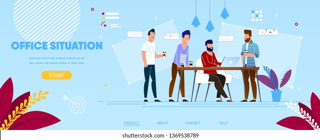 Creative Group of Male Colleagues at Working Process in Office. Business People Characters Team Communicating at Workplace, Office Life, Teamwork. Cartoon Flat Vector Illustration. Horizontal Banner.