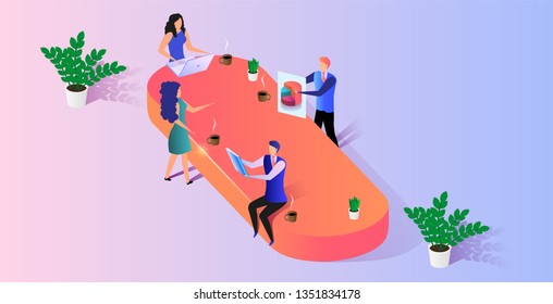 Creative Group of People Work Together on Business Project in Office. Men and Women Communicating at Big Oval Table with Plants Nearby. Office Lifestyle, Teamwork 3D Isometric Vector Illustration