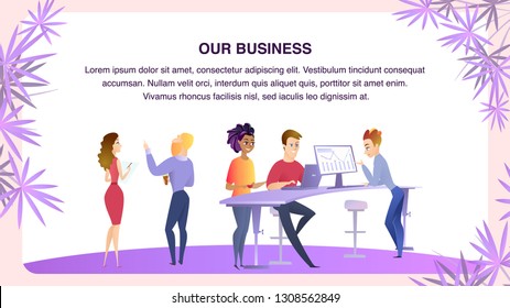 Creative Group Young People Work Together in Office. Horizontal Rectangle Banner. Our Business Inscription, Copy Space, Plant Frame Background. Office Life, Teamwork Flat Cartoon Vector Illustration
