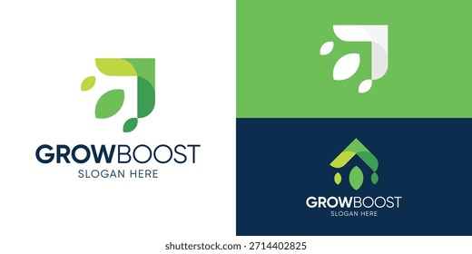 Creative grow boost logo template. Growth symbol arrow up leaves logo design vector illustration.