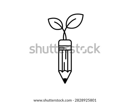 Creative growth icon featuring pencil and growing leaves in line art style