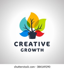 Creative Growth Original Memorable Graphic Symbol For Your Business. Growing Plant With Colorful Leaves. Attractive Unique Sign For Studio Team Service Agency etc. Vector Illustration.