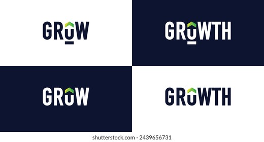 Creative Growth Wordmark Logo. Simple Grow Word Sign, Up Arrow Inside Letter O with Modern Style. Bussines Finance Progress Logo Icon Symbol Vector Design Inspiration.