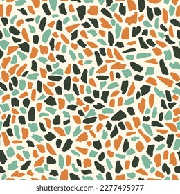 Creative grunge brush strokes seamless pattern. Abstract texture. Simple dotted, spotted wallpaper. Hand drawn vector illustration. Chaotic mosaic turquoise, black, orange pieces on yellow background