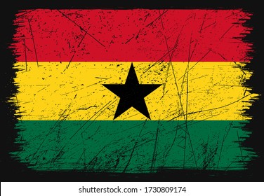 Creative grunge flag of Ghana country. Happy independence day of Ghana. Brush flag on shiny black background