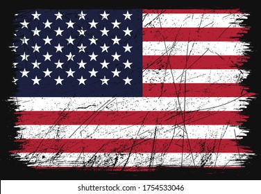 Creative grunge flag of United States of America country. Happy independence day of United States of America. Brush flag on shiny black background