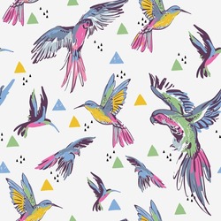 Creative Grunge Flying Parrots Triangles Seamless Pattern. Tropical Birds On Abstract Geometric Shapes Doodles Background. Hand Drawn Vector Illustration For Kids Design, Wall Decor, Fabric, Textile
