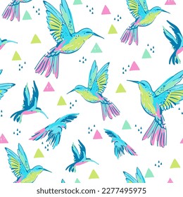 Creative grunge flying parrots triangles seamless pattern. Tropical birds on abstract geometric shapes doodles background. Hand drawn vector illustration for kids design, wall decor, fabric, textile