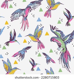 Creative grunge flying parrots triangles seamless pattern. Tropical birds on abstract geometric shapes doodles background. Hand drawn vector illustration for kids design, wall decor, fabric, textile