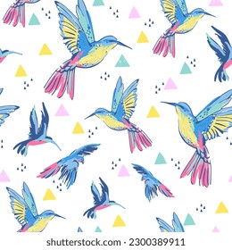 Creative grunge flying parrots triangles seamless pattern. Tropical birds on abstract geometric shapes doodles background. Hand drawn vector illustration for kids design, wall decor, fabric, textile