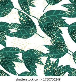 Kreative Grunge-Blätter-Tapete im handgezeichneten Stil. Der Dschungelwald ist ein nahtloses Muster. Design für Gewebe, Stoffdruck, Wickelpapier, Deckel. Botanische Vektorgrafik. 