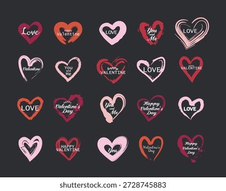 Creative grunge heart frames for Valentines Day vector illustration. Happy love borders romantic distressed designs isolated rough ink brush strokes and artistic paint drawing with lettering set