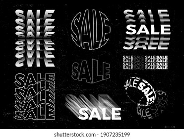 Creative Grunge Set of Typography Sale Posters. Vector Offer Modern Concept. Futuristic Advertising Illustration.