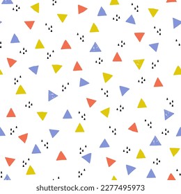 Creative grunge triangles seamless pattern. Abstract geometric texture. Simple geometric shapes doodles wallpaper. Hand drawn vector illustration for kids design, wall decor. Colorful background