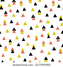 Creative grunge triangles seamless pattern. Abstract geometric texture. Simple geometric shapes doodles wallpaper. Hand drawn vector illustration for kids design, wall decor. Colorful background