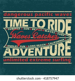 Creative grunge t-shirt graphic design, vintage print stamp, California surfers wear typography emblem, Vector