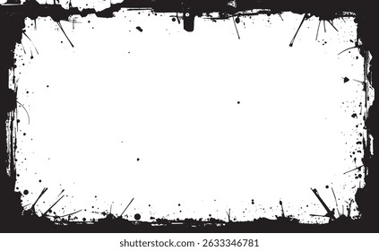 A creative grunge-style black ink splatter border on a white background, perfect for frames, artistic projects, or abstract digital designs, providing a rugged.