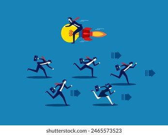 Creative guidelines. Businessman flying with light bulb flying in opposite direction to competitor