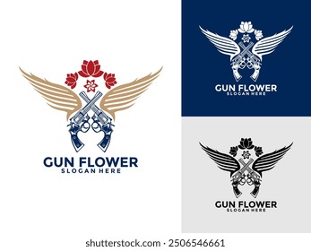 Creative Gun, Wings and Flower Logo Vector Design. Vintage Gun Logo Template,