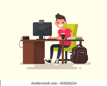 Creative guy in the workplace. Vector illustration of a modern flat design