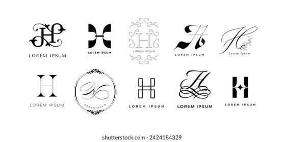 Creative H emblem. Letter h monogram for handmade, healthcare and home branding template vector icon set. Luxury font for lettering with swirls, floral elements and frames isolated collection