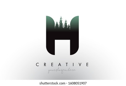 Creative H Letter Logo Idea With Pine Forest Trees. Letter H Design With Pine Tree on TopVector Illustration.