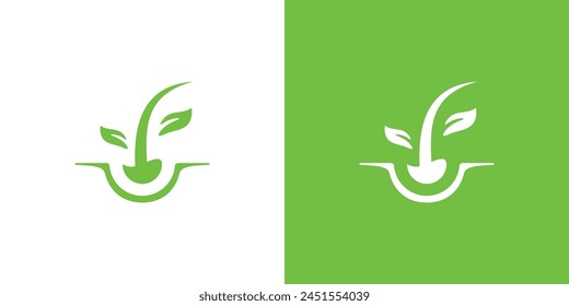 Creative Hair Grow Logo. Hair Follicles and Leaf with Minimalist Style. Nature Hair Logo Icon Symbol Vector Design Inspiration.