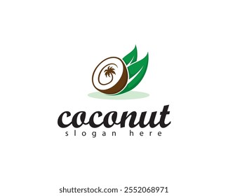 creative half coconut with two leaves behind and a tree in the middle logo design