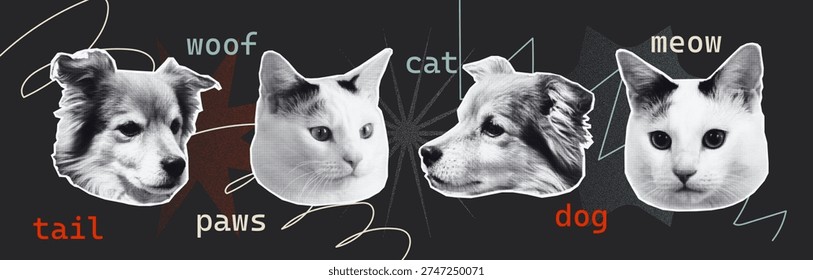Creative halftone collage of dog and cat faces with playful words like woof, meow, tail, and paws. Modern graphic design with monochrome animal portraits and abstract grainy shapes 