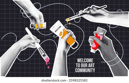 Creative halftone collage with Hands Holding Paint Supplies on Abstract Background