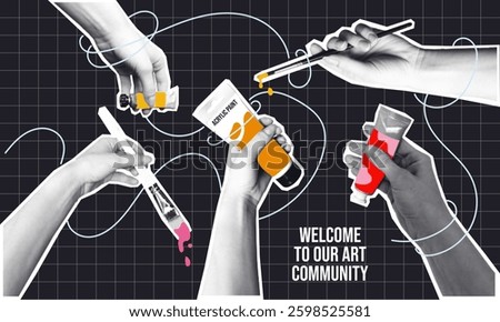Creative halftone collage with Hands Holding Paint Supplies on Abstract Background