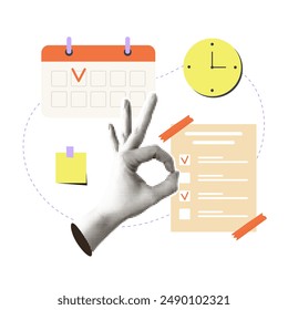 Una ilustración de collage de semitonos creativo con la mano, el calendario, el reloj y la página del planificador. Concepto de composición de moda gestión del tiempo, educación, organización, planificación. diseño de Vector