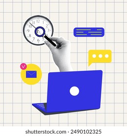 A creative halftone collage illustration with laptop, clock, hand holding loupe and message icons. Trendy composition ongrid paper background. Concept time management and modern education. Vector