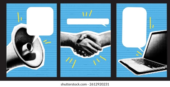 A creative halftone collage set featuring vibrant pop art posters with handshakes, loudspeakers, and laptops.