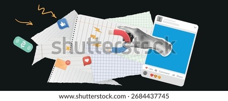 Creative halftone pop art collage of a hand holding a magnet attracting social media icons, likes, followers, messages, and money. Background made of torn paper sheets on a dark minimal backdrop.