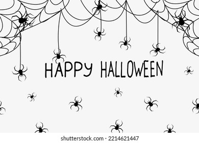 Kreativer halloween Hintergrund mit Spinnennetz, schwarzen Spinnen und Inschrift glücklich halloween. Halloween-Konzept. Banner für Halloween. 