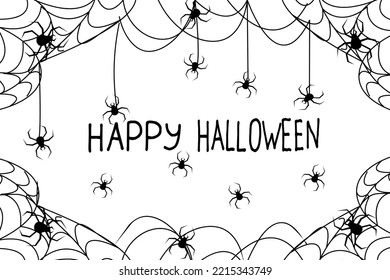 Creative halloween background with spiderweb, black spiders and inscription happy halloween. Halloween concept. Banner for halloween. 