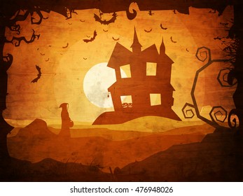 Creative Halloween background, Spooky forest view with flying castle, bats and dead trees in full moon light night.
