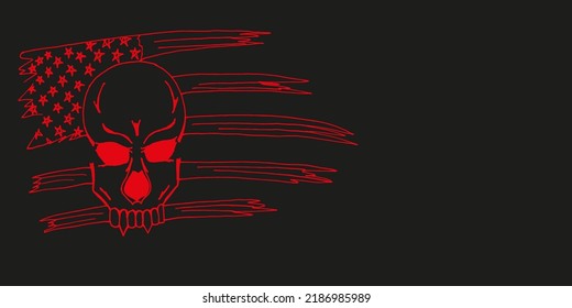 Kreativer Halloween-Hintergrund mit Vampirskull und die Fahne Amerikas in roter Farbe auf schwarzem Papier mit Kopienraum gemalt. Halloween-Konzept.