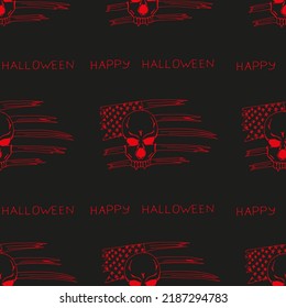 Creative Halloween background with a vampire skull and the flag of America painted in red color on black paper with inscription Happy Halloween. Halloween seamless pattern. Halloween concept.