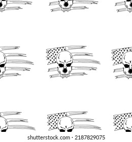 Creative Halloween background with a vampire skull and the flag of America painted in black color on white paper with copy space. Halloween seamless pattern. Halloween concept.