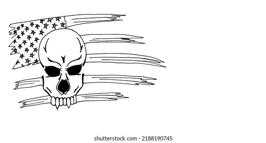 Creative Halloween background with a vampire skull and the flag of America painted in black color on white paper with copy space. Halloween concept.