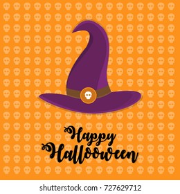 Creative halloween banner with witch hat on skull background pattern vector illustration for banners, posters, backgrounds and greetings.