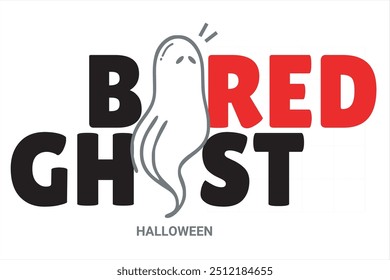 Diseño creativo de Halloween con un fantasma aburrido en un estilo de tipografía juguetón, perfecto para promociones de temporada, proyectos temáticos espeluznantes y marca divertida. Concepto llamativo y memorable