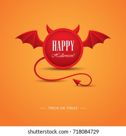 Creative Halloween Greeting Card Or Banner Design With Round Frame Looking Like A Devil. Demon Horns, Wings And Tail Illustration. Hell, Evil Symbol, Logo.