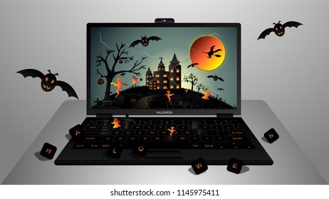 Creative Halloween Night Background With Haunted House, Castle, Full Moon, Flying Witch, Ghost, Bat, Lantern Of Pumpkin, Graveyard, Tree, Grass And Clear Sky On Laptop Computer. Vector Illustration.