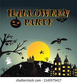 Creative Halloween night background with haunted house, castle, full moon, flying witch, ghost, bat, lantern of pumpkin, graveyard, tree, grass and clear sky. Vector illustration.