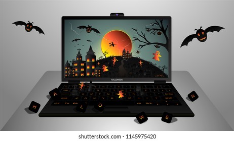 Creative Halloween night background with haunted house, castle, full moon, flying witch, ghost, bat, lantern of pumpkin, graveyard, tree, grass and clear sky on laptop computer. Vector illustration.